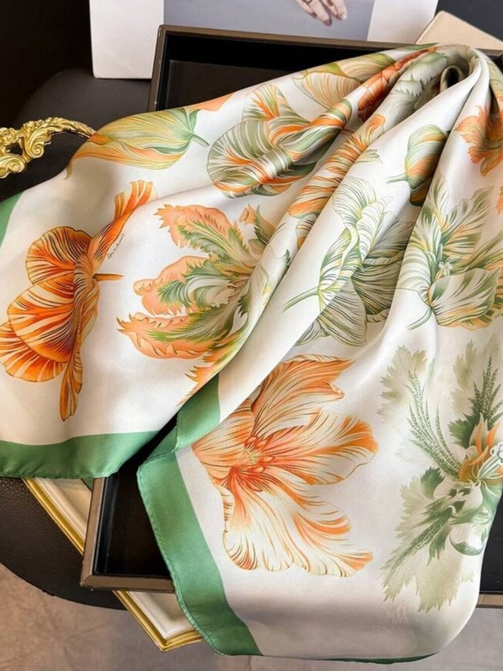 Floral Scarf in Green Orange N1440